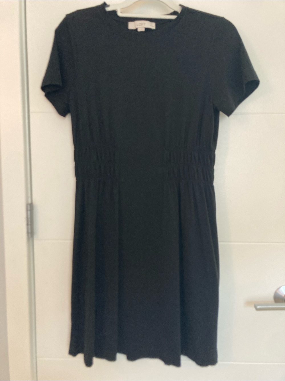 LOFT Black Short Sleeve Midi Dress with Shirred Waist